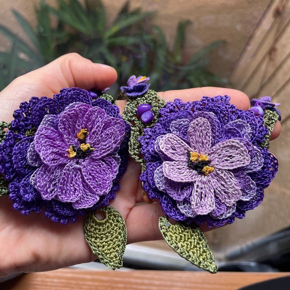 Jewelry - Purple, Crochet Amethyst Necklace, Flower Bib Necklace, Statement Neck Accessory